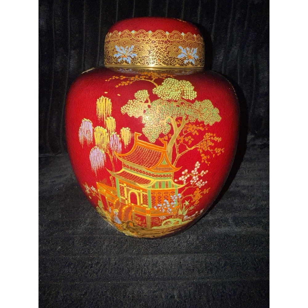 VINTAGE CARLTON WARE ROUGE ROYALE HANDPAINTED RED CHINA LIDDED JAR ENGLAND‎